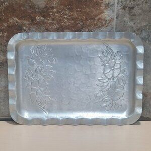 Vintage Hammered Aluminum Rectangular Serving Tray Embossed Flowers Ruffled Edge